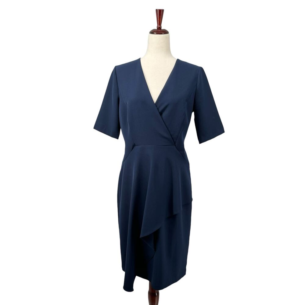 Maggy London Faux Wrap Short Sleeve Dress Womens 10 Blue‎ Minimalist Classic